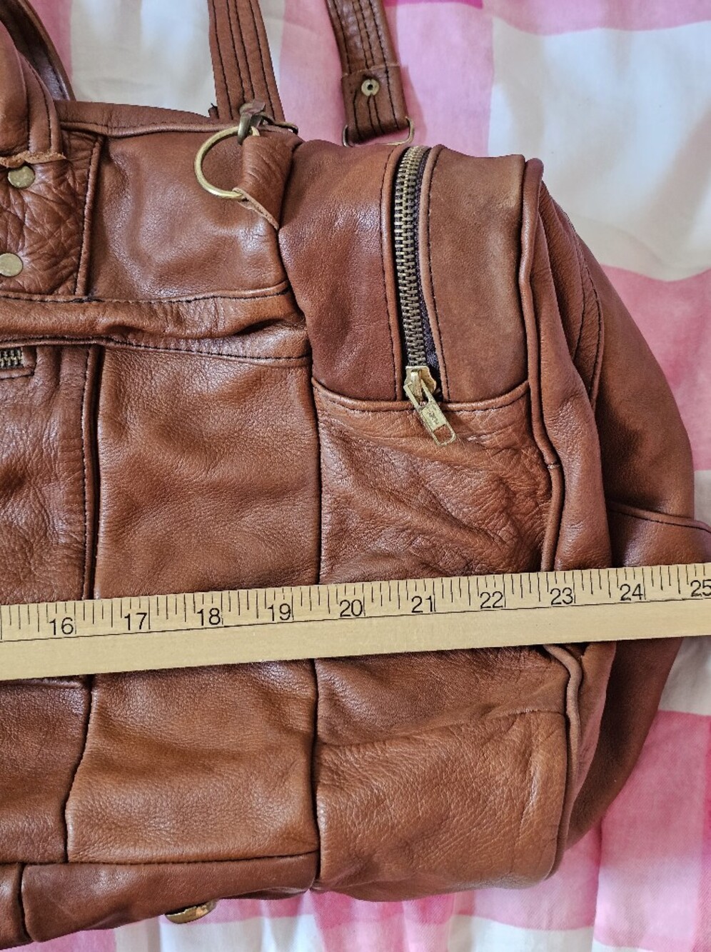 Vintage Genuine Leather Patchwork Weekender Duffel Travel Bag Cognac Brown Large - Picture 15 of 15